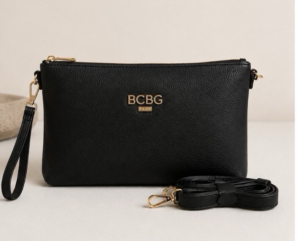 BCBG Paris Black Crossbody Purse Wristlet Clutch Gold Tone Zip Top Bag